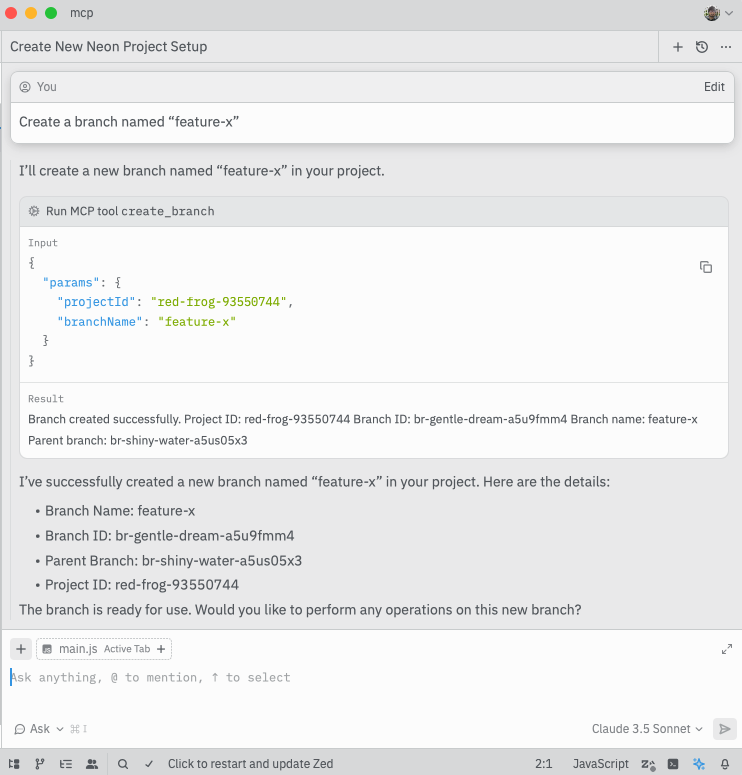 Zed creating a new Neon branch